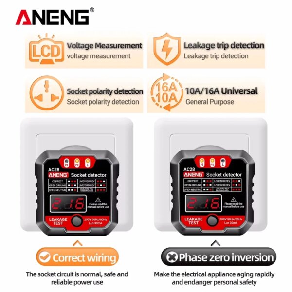 ⁦בודק שקעים דיגיטלי חכם ANENG AC28 – כולל בדיקת מתח, קו אפס, הארקה ובדיקת פאזת RCD / NCV עם מסך דיגיטלי⁩ – תמונה ⁦6⁩