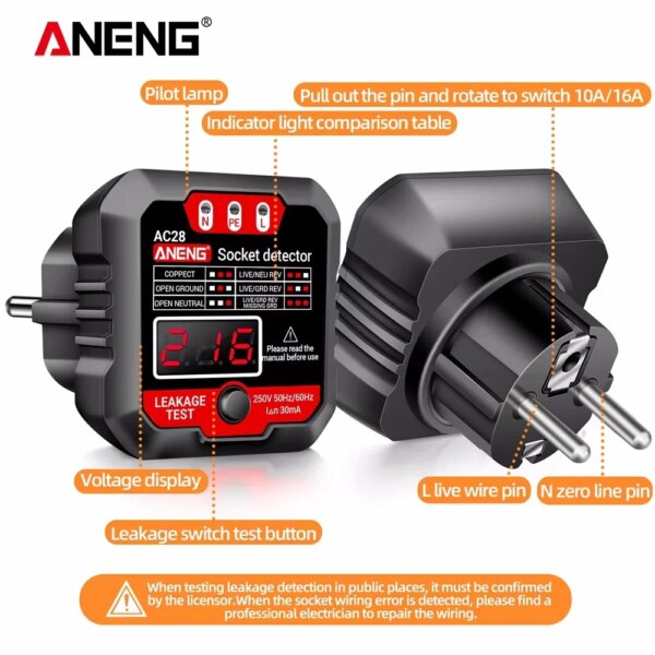 ⁦בודק שקעים דיגיטלי חכם ANENG AC28 – כולל בדיקת מתח, קו אפס, הארקה ובדיקת פאזת RCD / NCV עם מסך דיגיטלי⁩ – תמונה ⁦5⁩