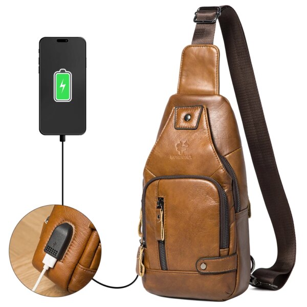 תיק חזה לגבר מעור אמיתי עם חיבור USB תיק צד יוקרתי לנשיאה אלכסונית Crossbody, 3 צבעים לבחירה